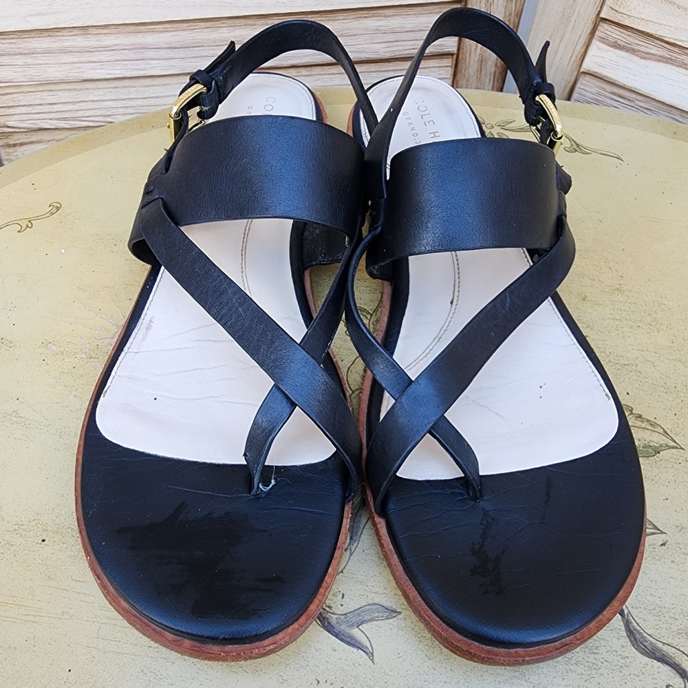 Cole Haan Sz 8 B Black Leather Grand Slingback Strappy Sandal Flat Quiet Luxury